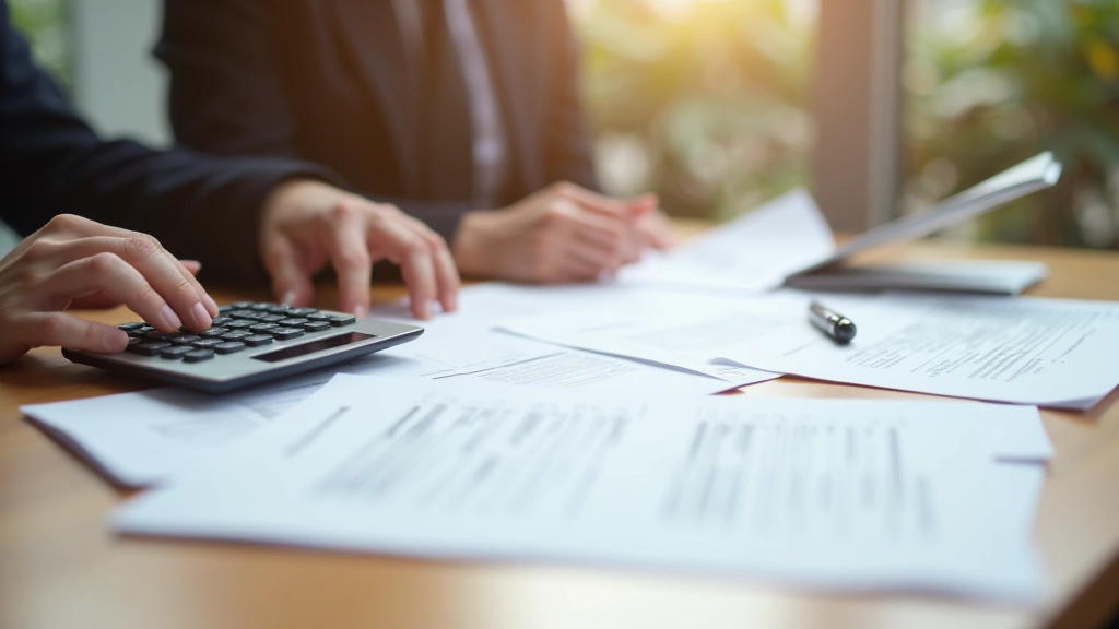 Taschenrechner und Steuerdokumente auf Schreibtisch: Visualisierung von Steuerberechnungen und Finanzen