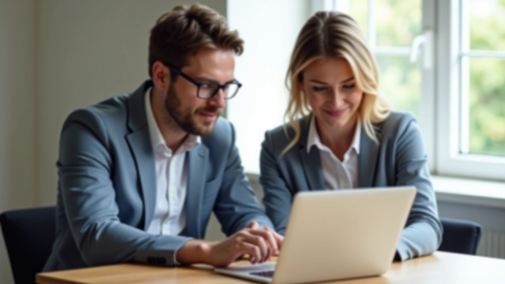 Zwei Personen schauen auf Laptop mit Steuererklärung, modernes Büro, Tageslicht von oben
