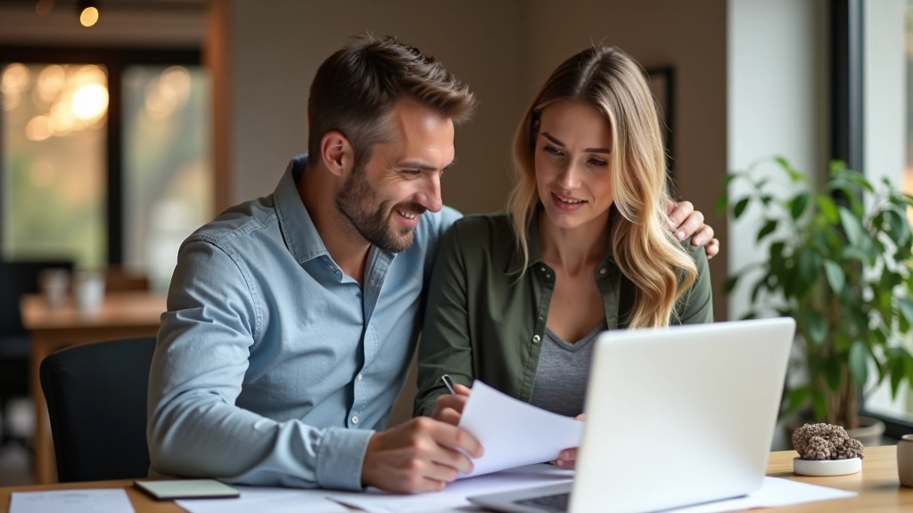 Ehepaar bei der Steuererklarung: Mann und Frau sitzen zusammen am Schreibtisch mit Steuerdokumenten und Laptop