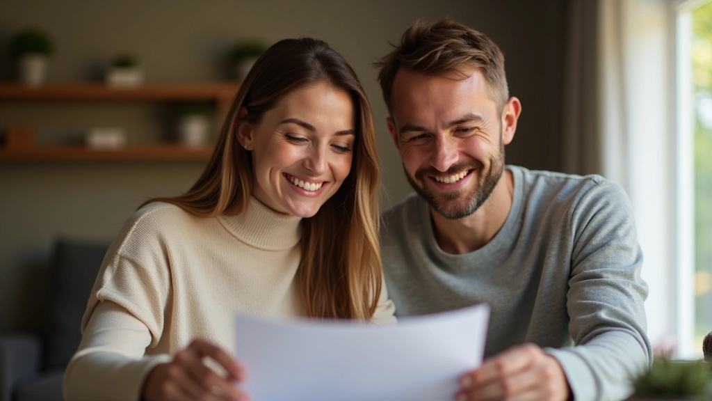 Ehepaar schaut gemeinsam auf Bankkontoauszug mit erhöhtem Kontostand