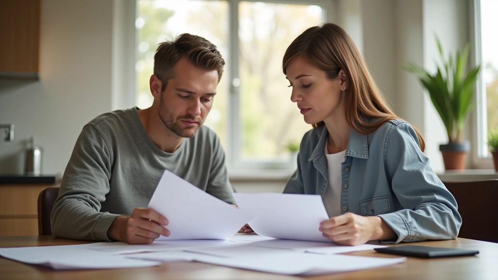 Ehepaar sitzt am Tisch und schaut gemeinsam auf Steuerdokumente und Elterngeldunterlagen