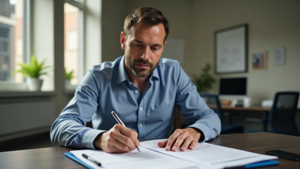 Person sitzt am Schreibtisch und füllt Steuerformulare aus, Dokumente und Stift sichtbar