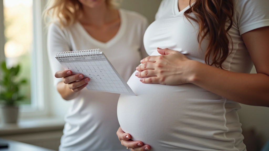 Schwangere Frau und ihr Partner schauen auf einen Kalender und planen wichtige Termine