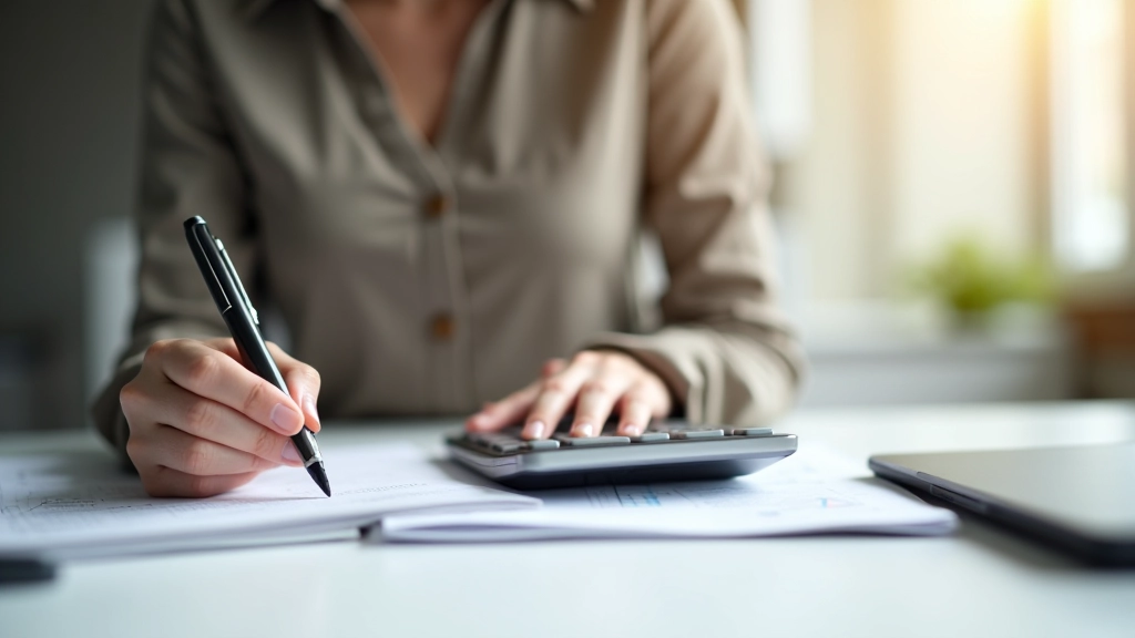 Frau am Schreibtisch mit Taschenrechner und Dokumenten zur Finanzplanung