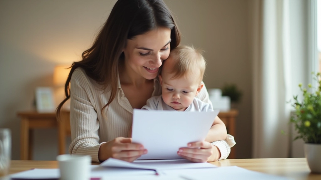 Finanzielle Planung: Frau hält Baby im Arm und schaut auf Unterlagen