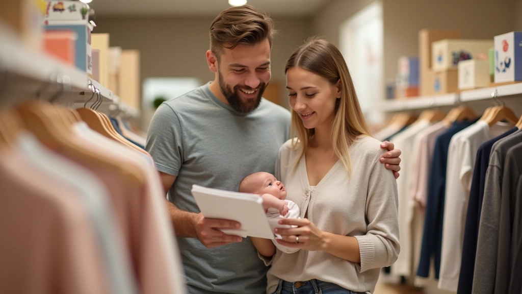 Junges Ehepaar schaut sich Babykleidung an und plant finanzielle Details